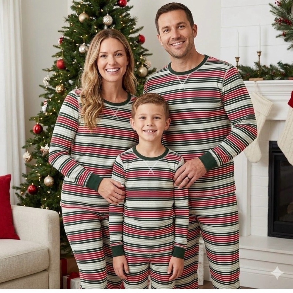 Pact Adult Organic Cotton Flurry Striped Long Sleeve Pajama‎ Set Christmas M